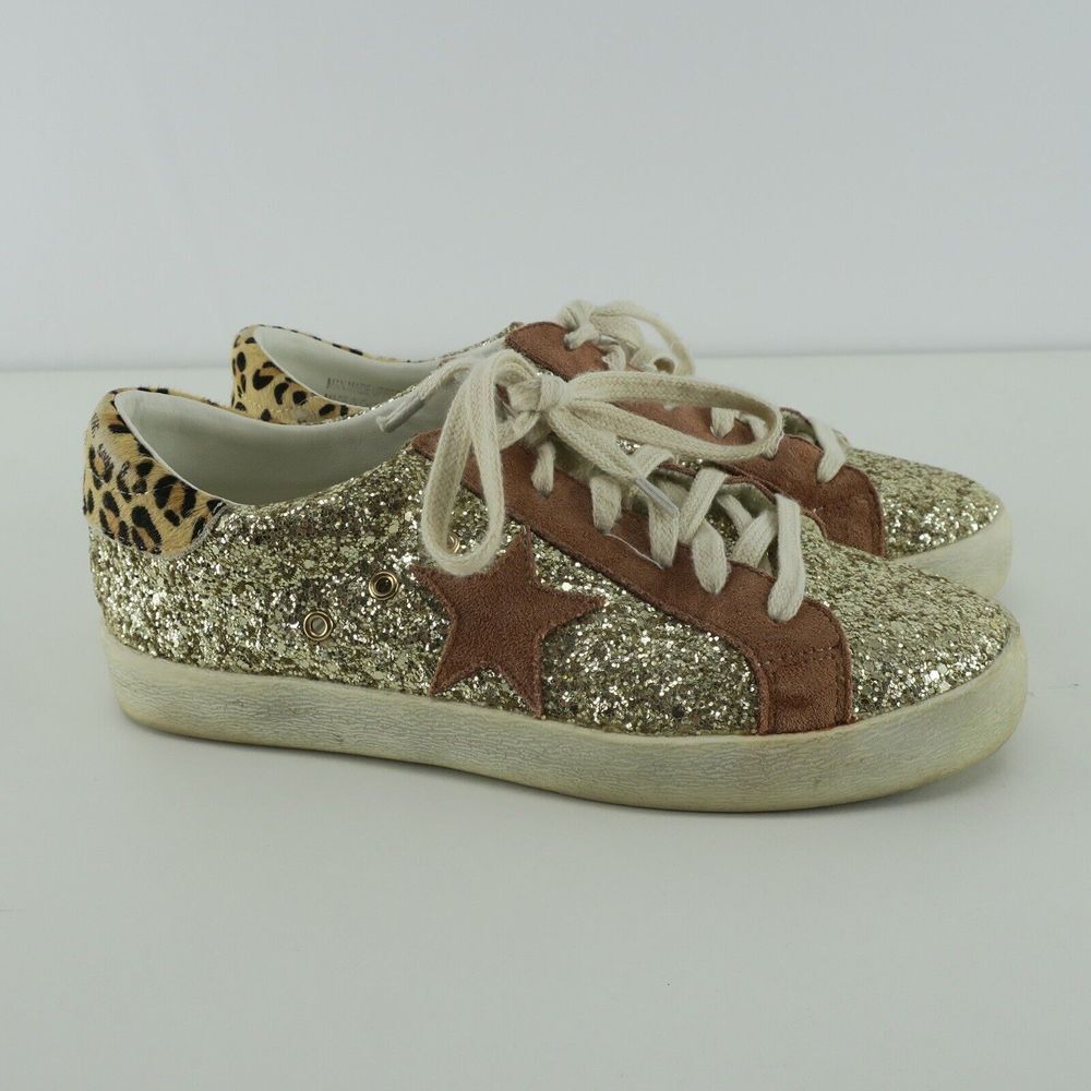 Mi.im Gold Glitter Leopard Print Star Sneakers Shoes Women's Size 8